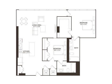 Floor plan for 2 beds, 2 baths, 1296 sqft